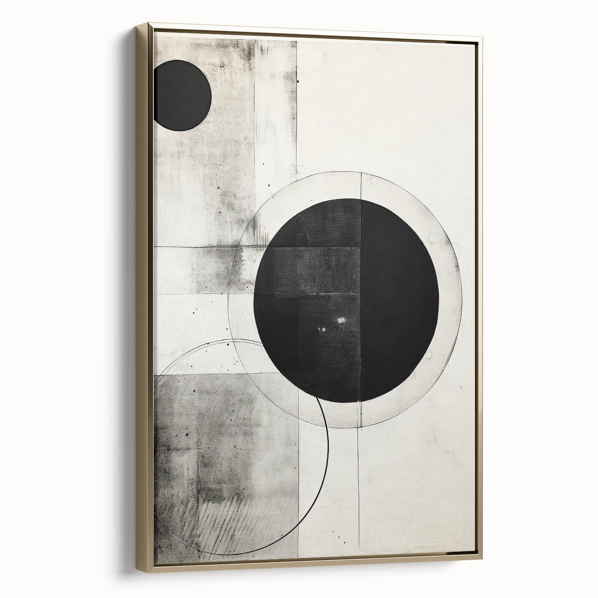 Abstract minimalist wall art framed in gold, showcasing geometric shapes and soft color gradients, ideal for modern home decor. Side view highlights elegant design.