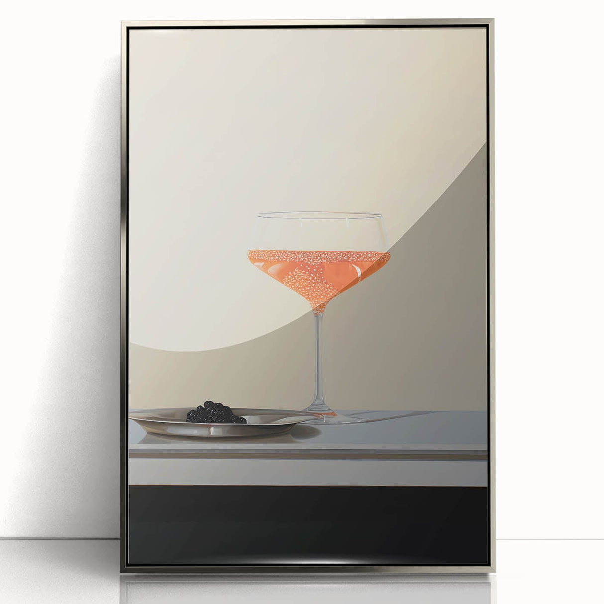 Mid-century modernist art depicting colorful food and drinks on silver-framed acrylic, ideal for nursery or kitchen decor.