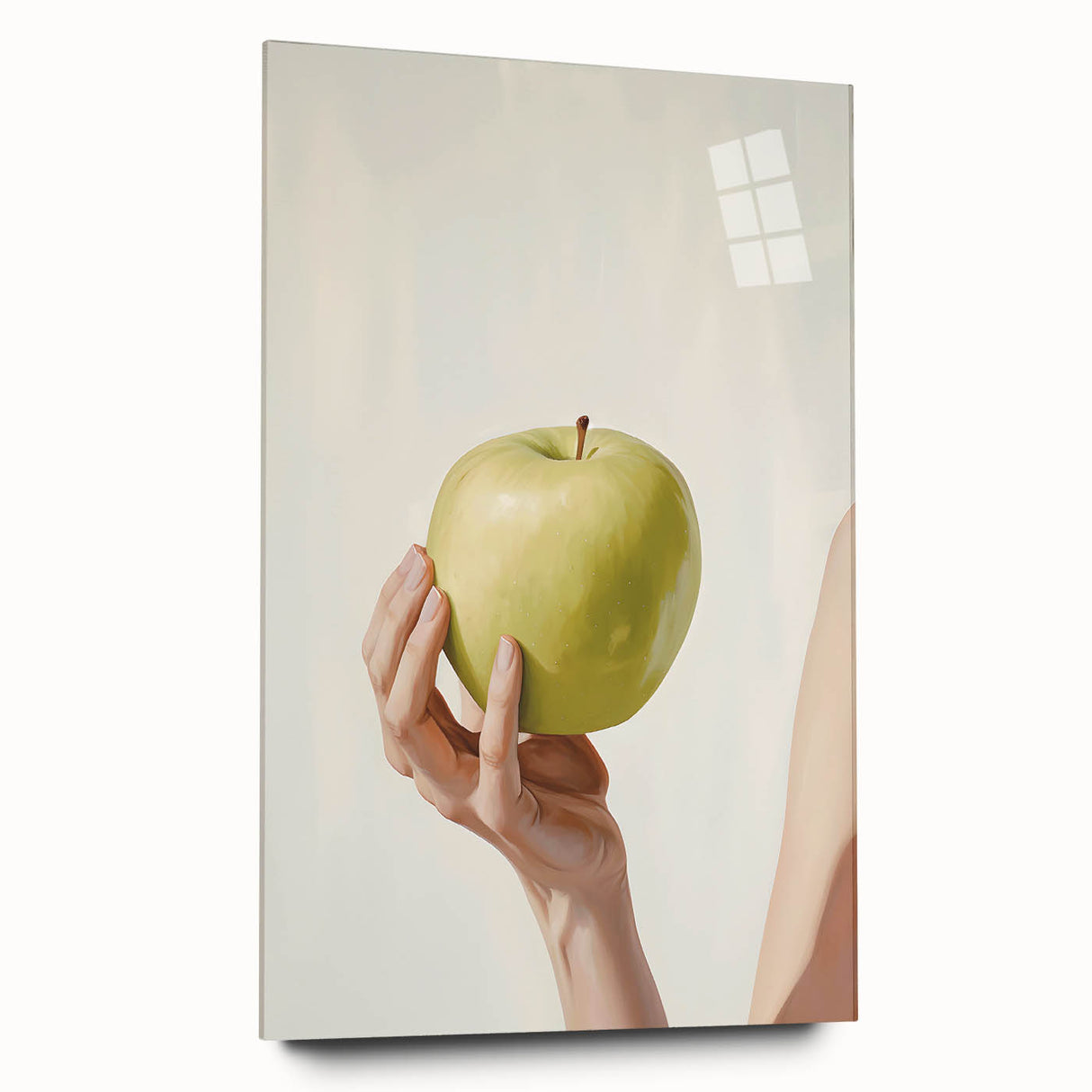 Large abstract wall art of assorted fruits in vibrant colors on acrylic glass, ideal for bedroom or dining room decor.