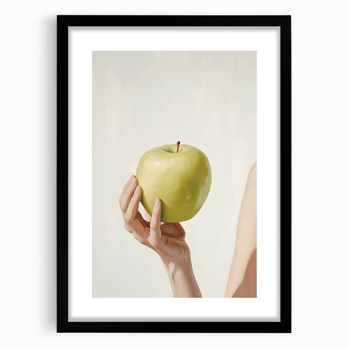 Extra large abstract art print featuring textured, colorful fruits on a canvas, framed in black, ideal for living room decor.