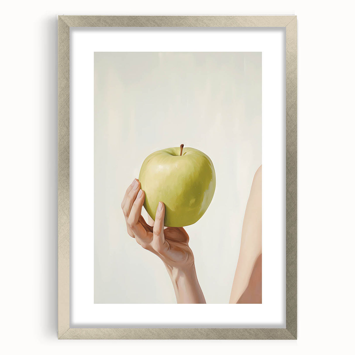 Textured abstract art print of colorful fruits on a silver-framed mat, ideal for bedroom wall decor.