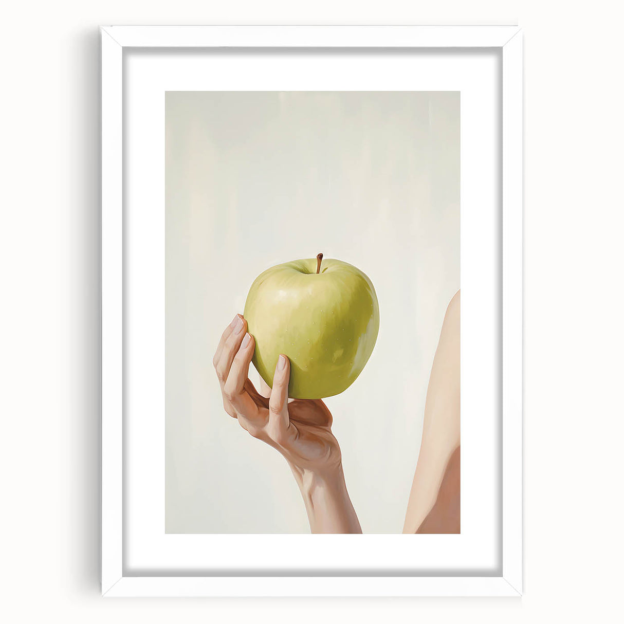 Abstract art print featuring assorted fruits in muted colors, framed with a white mat, ideal for dining room decor.