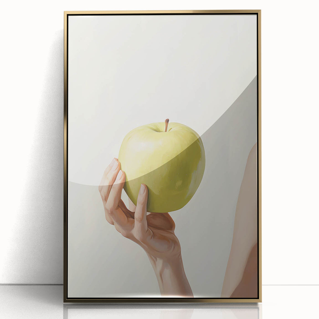 Large art print of assorted fruits in vibrant colors on gold framed acrylic, mid-century modernist style.