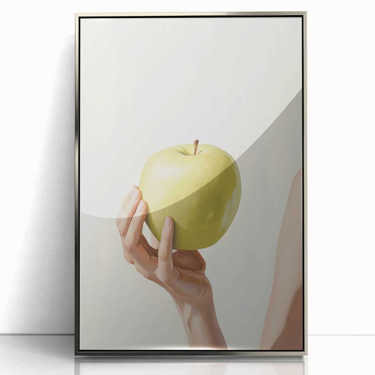 Mid-century modernist art featuring an array of colorful fruits on a silver-framed acrylic print.