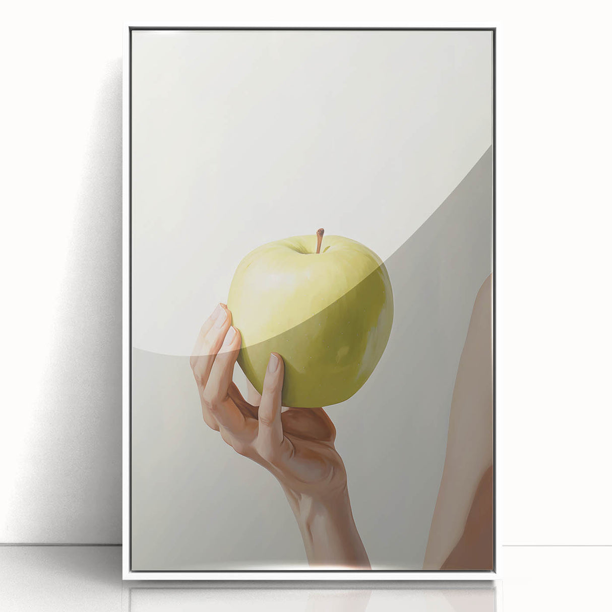 Acrylic print of modern art wall decor featuring assorted fruits in art deco style, with a white frame, suitable for nursery.
