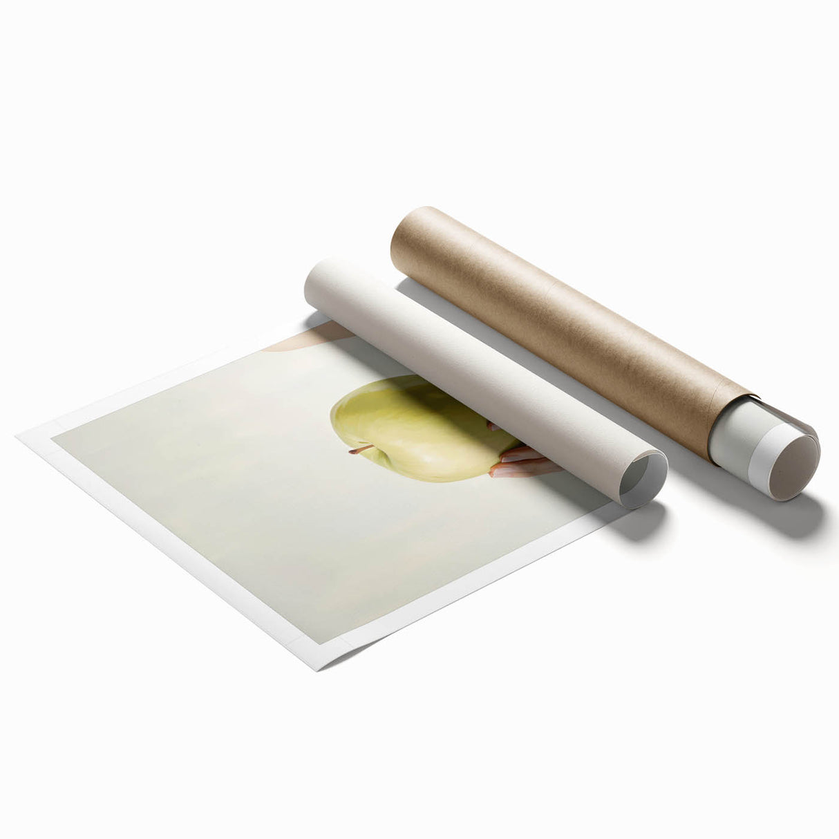 Extra large rolled print featuring an assortment of vibrant fruits on a white background, ideal for classy bathroom wall art.