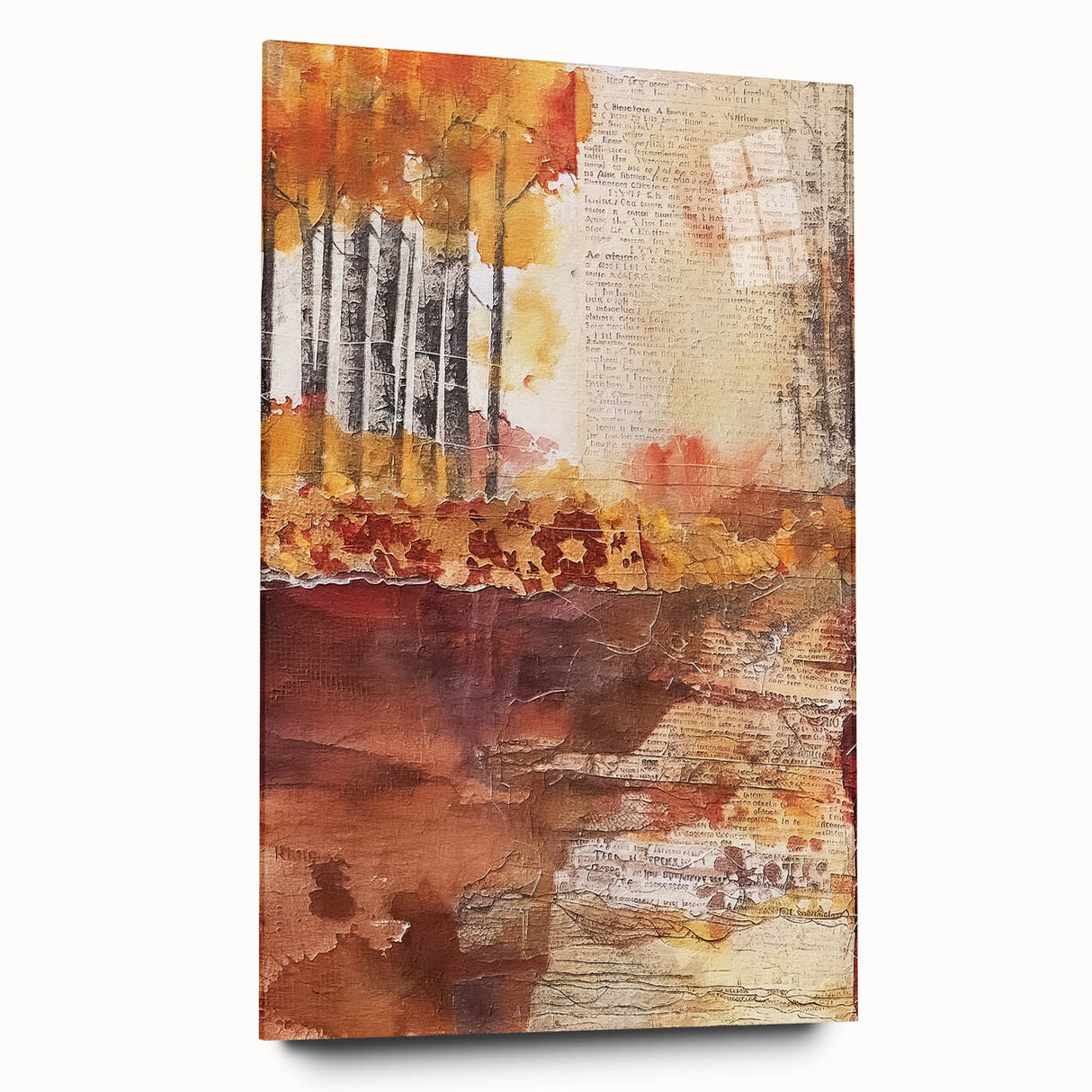 Large abstract wall art in warm autumn hues on acrylic glass, ideal for dining room ambiance and mid-century modernist style.
