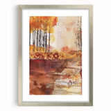 Textured art of abstract fall scenery in muted orange and brown, framed in silver, ideal for bedroom art.