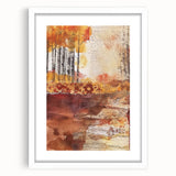 Abstract art print depicting autumnal trees in warm orange and red hues on a white framed canvas.