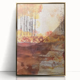 Large art print of a mid-century modernist autumn scene in gold and orange tones, framed acrylic.