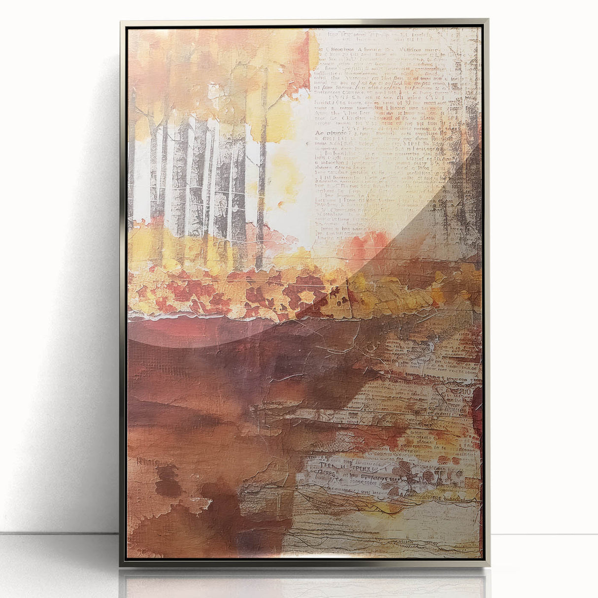 Art Deco poster featuring autumnal trees in gold and brown tones, framed in silver acrylic, suitable for nursery wall art.