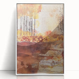 Mid-century modernist art depicting a stylized fall scene in orange and brown tones on a white acrylic framed poster.