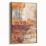 Framed canvas depicting a vintage landscape painting with fall imagery in muted gold and black, ideal for bedroom wall art.