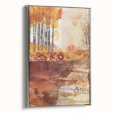 Framed canvas featuring a vintage-style landscape art painting with colorful autumn trees against a black background.