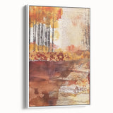 Vintage poster art featuring a fall landscape in muted earth tones on a framed canvas, suitable for living room decor.