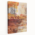 Side view of a large stretched canvas featuring an abstract depiction of fall with warm orange and red tones.
