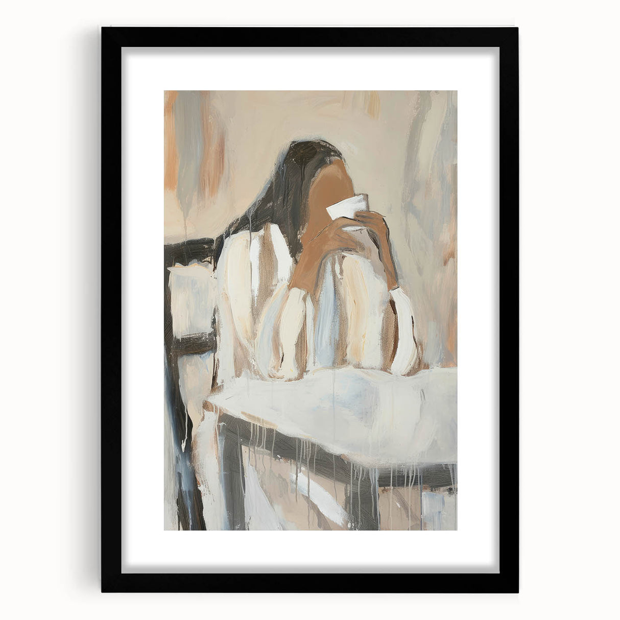Abstract figurative frame with a black mat, showcasing a modern art design that emphasizes bold colors and dynamic shapes, perfect for contemporary decor.