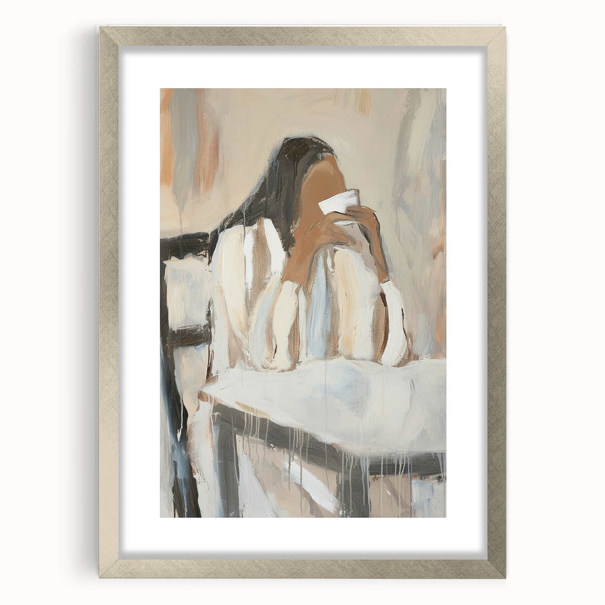 Abstract figurative artwork framed in a silver mat, showcasing a modern design with subtle hues and textures, perfect for contemporary home decor.