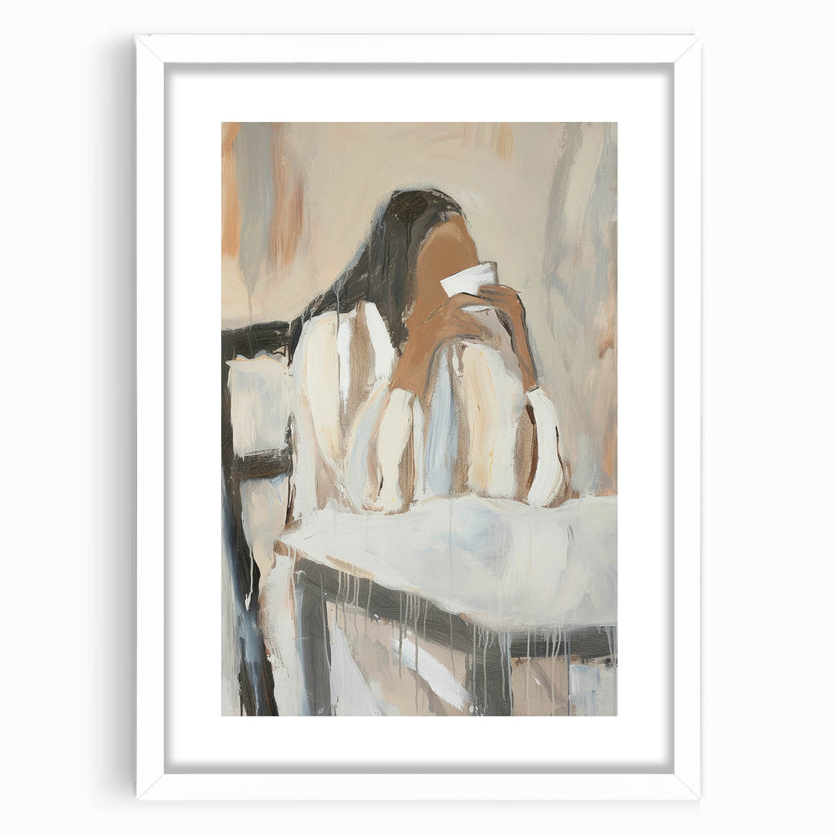 Abstract figurative art frame with a white mat, showcasing bold colors and dynamic shapes, perfect for modern decor. Ideal for galleries or home interiors.