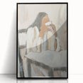 Abstract figurative artwork in a sleek black frame, showcasing vibrant colors and dynamic shapes, perfect for modern home decor or office settings.