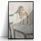 Abstract figurative artwork in a sleek black frame, showcasing vibrant colors and dynamic shapes, perfect for modern home decor or office settings.