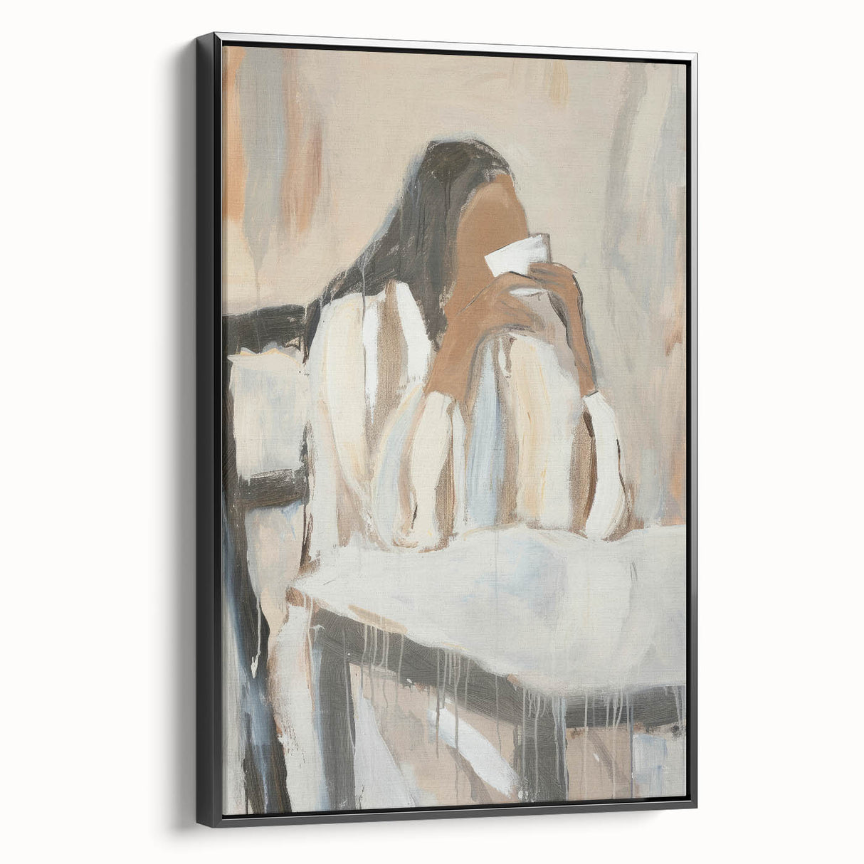 Framed abstract figurative canvas art in black, showcasing unique shapes and textures, perfect for modern home decor, displayed from a side view.