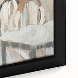 Close-up of a framed abstract figurative canvas artwork, showcasing vibrant colors and intricate design elements, ideal for modern home decor or artistic spaces.