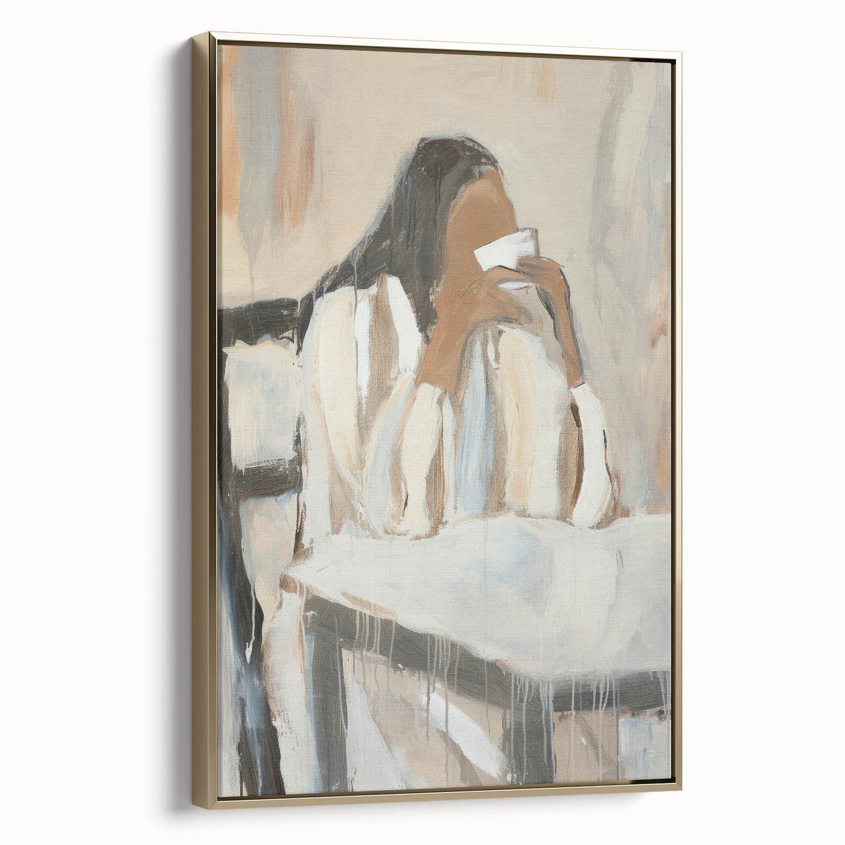 Abstract figurative framed canvas artwork in gold, showcasing a modern design with intricate details and a sleek side view, perfect for contemporary decor.