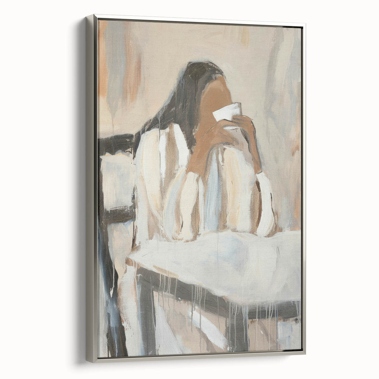 Abstract figurative framed canvas artwork in silver frame, showcasing vibrant colors and intricate patterns, ideal for modern home decor and artistic expression.