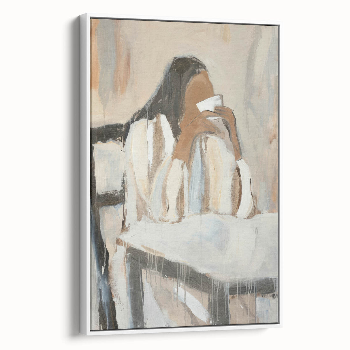 Framed abstract figurative canvas art with a white border, showcasing vibrant colors and dynamic shapes, perfect for modern decor in living spaces.