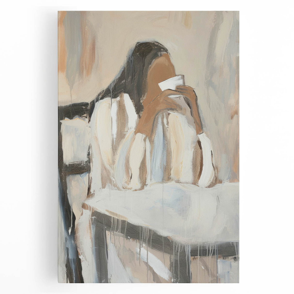 Abstract figurative stretched canvas artwork showcasing vibrant colors and dynamic shapes, perfect for modern home decor or artistic display.