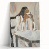 Abstract figurative artwork on stretched canvas, featuring bold colors and dynamic shapes, leaning against a neutral wall, ideal for modern decor and art enthusiasts.
