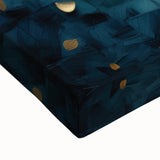 Close-up of a vibrant abstract floral stretched canvas artwork, showcasing intricate details in bold colors like blue, pink, and green, perfect for modern home decor.