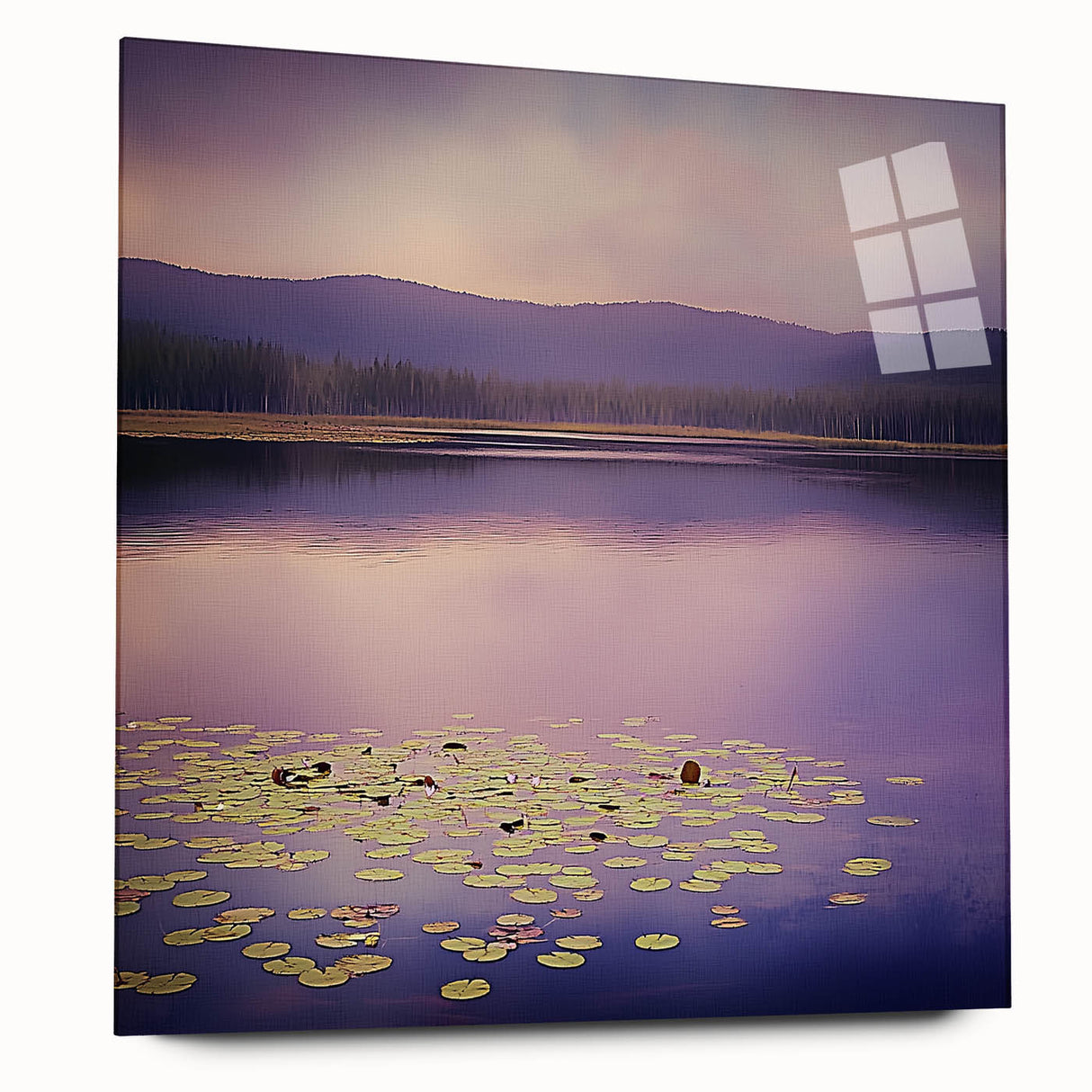 Abstract landscape acrylic artwork displayed in a sleek glass frame, showcasing vibrant colors and fluid forms, ideal for modern home decor. The side view emphasizes the depth and clarity of the glass, enhancing the visual appeal of the piece.