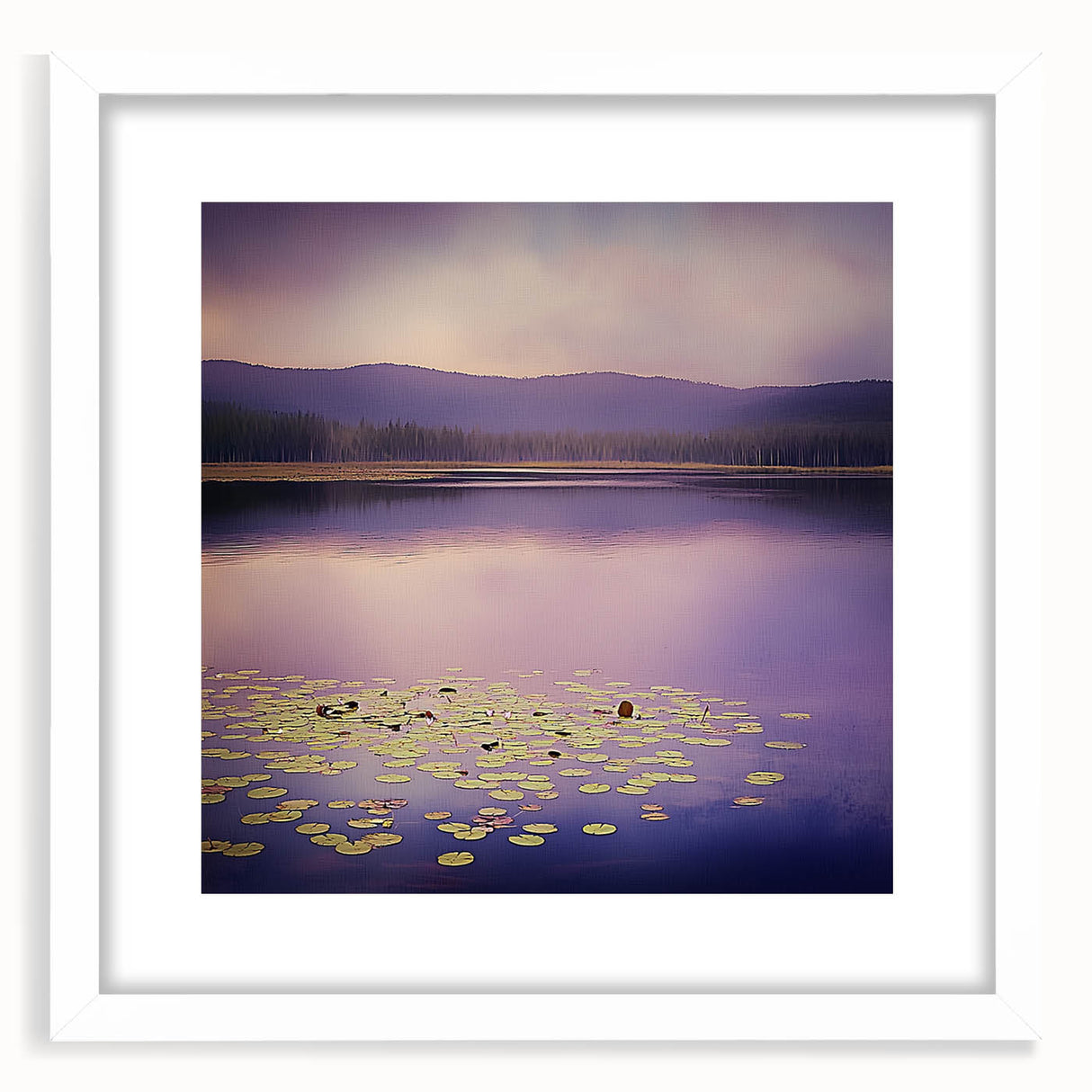 Abstract landscape artwork framed in white with a mat, showcasing soft hues of blue and green, perfect for modern home decor or office settings.