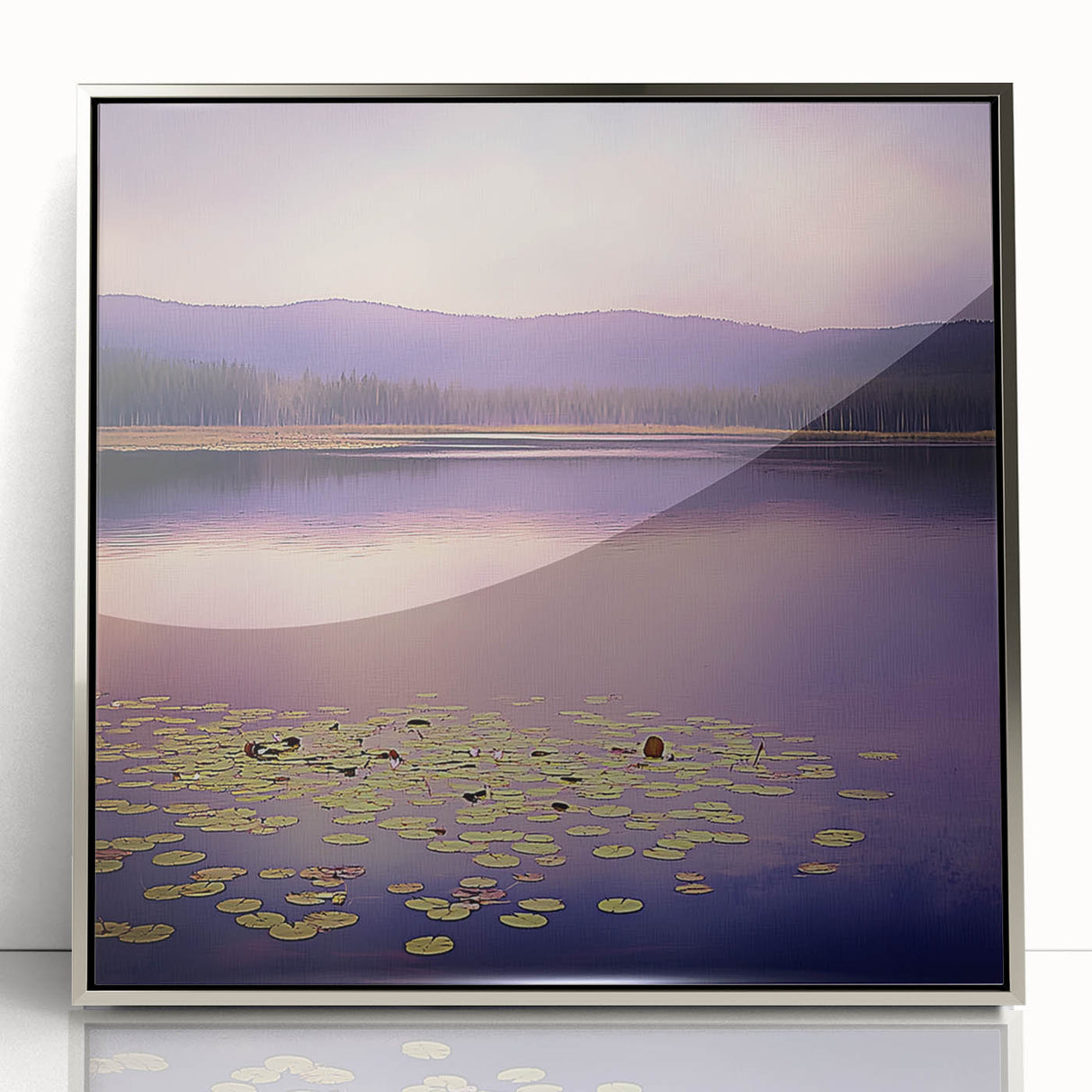 Framed abstract landscape artwork in elegant silver frame, showcasing vibrant colors and intricate textures, perfect for modern home décor or office spaces.