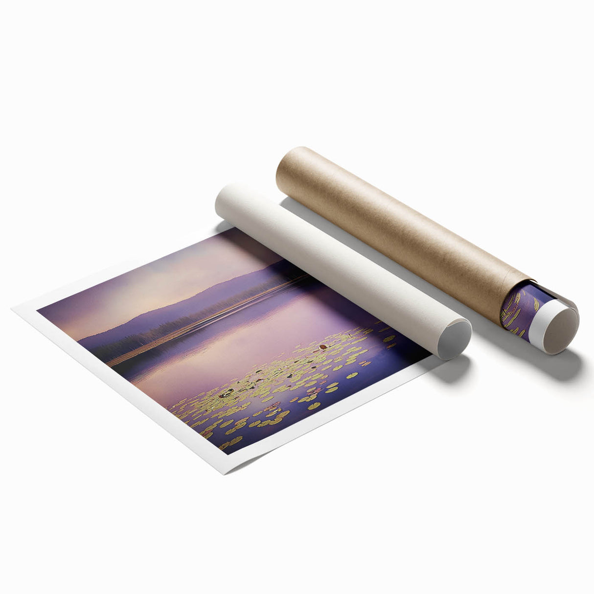 Abstract landscape rolled print showcasing vibrant colors and fluid shapes, designed to evoke serenity, packaged securely in a protective cardboard tube. Ideal for modern home decor.
