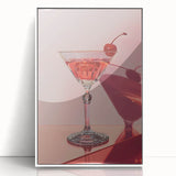 Art deco poster featuring an array of food and drinks in bold black lines on a white acrylic framed print.