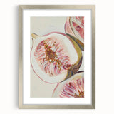 Textured abstract art print featuring assorted fruits in vibrant colors on a silver-framed mat, ideal for bedroom art.