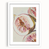Abstract art print featuring assorted fruits in vibrant colors, framed with a white mat, suitable for dining room decor.