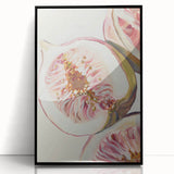 Large abstract wall art featuring assorted fruits in bold colors on a black acrylic frame, suitable for modern kitchen decor.