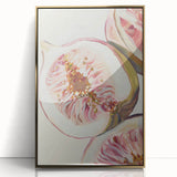 Large art print of assorted fruits in vibrant colors, framed in gold acrylic, in a mid-century modernist style.