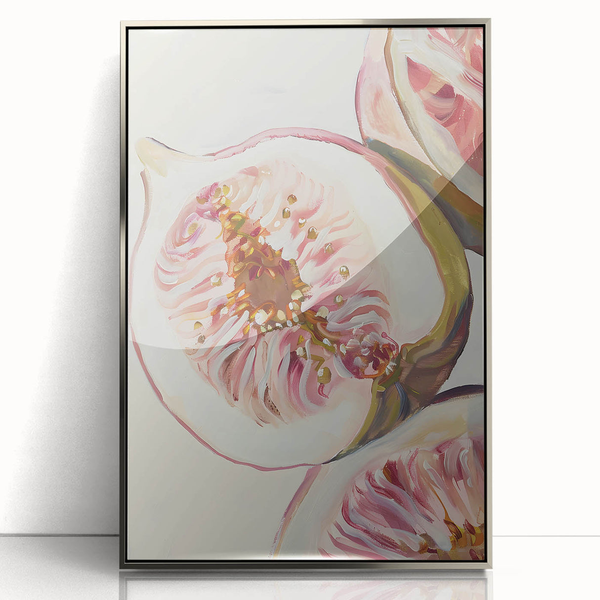 Mid-century modernist art featuring assorted fruits in vibrant colors on a silver-framed acrylic print.
