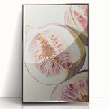 Mid-century modernist art featuring assorted fruits in vibrant colors on a silver-framed acrylic print.