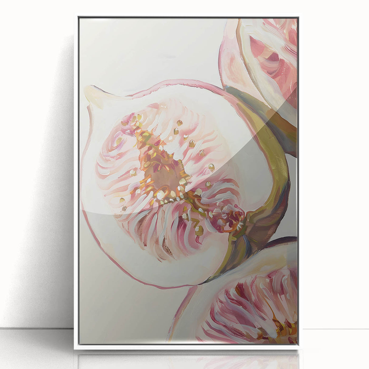 Modern art wall decor featuring a variety of colorful fruits on a white acrylic framed poster, ideal for nursery wall art.