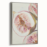 Landscape painting of vibrant fruits on a black background, framed in silver, ideal for kitchen wall decor.