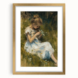 Abstract figurative artwork framed in gold with a mat, showcasing vibrant colors and intricate details, perfect for contemporary home decor or art collections.