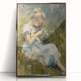 Abstract figurative artwork in a sleek silver frame, showcasing vibrant colors and fluid shapes, perfect for modern decor in living spaces or offices.