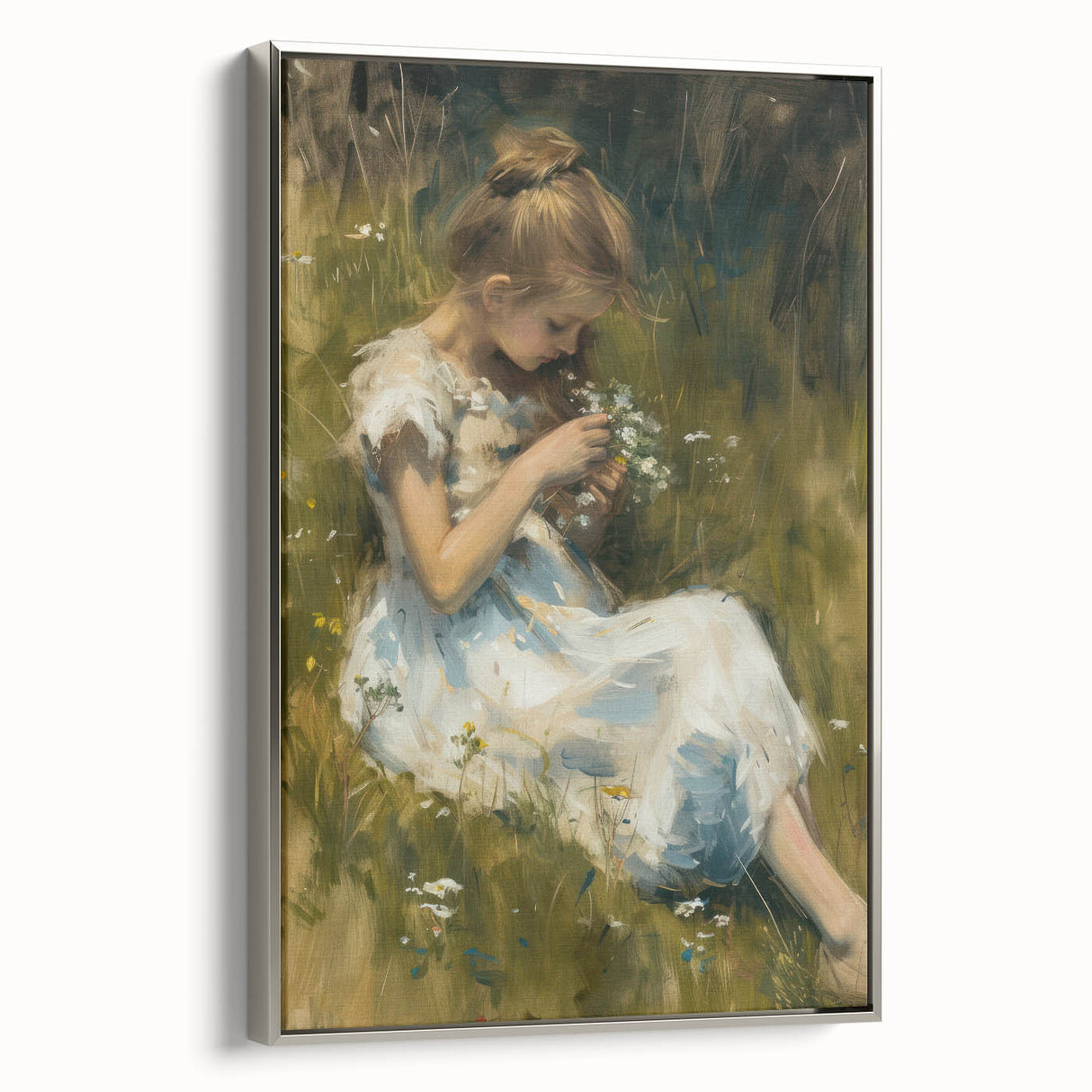 Abstract figurative artwork in a silver-framed canvas, showcasing vibrant colors and dynamic shapes, ideal for modern decor and artistic expression.