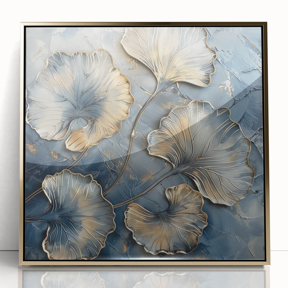 Abstract floral artwork featuring vibrant colors and intricate patterns, elegantly framed in gold acrylic, enhancing any contemporary decor setting.